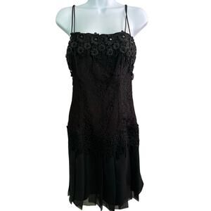 VTG Jessica McClintock Mini Dress 6 Black Bead Floral Brocade Lace Chiffon Party